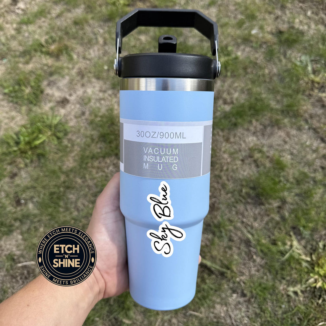 Sky blue insulated tumbler with handle lid – personalised steel water bottle – Etch 'N' Shine