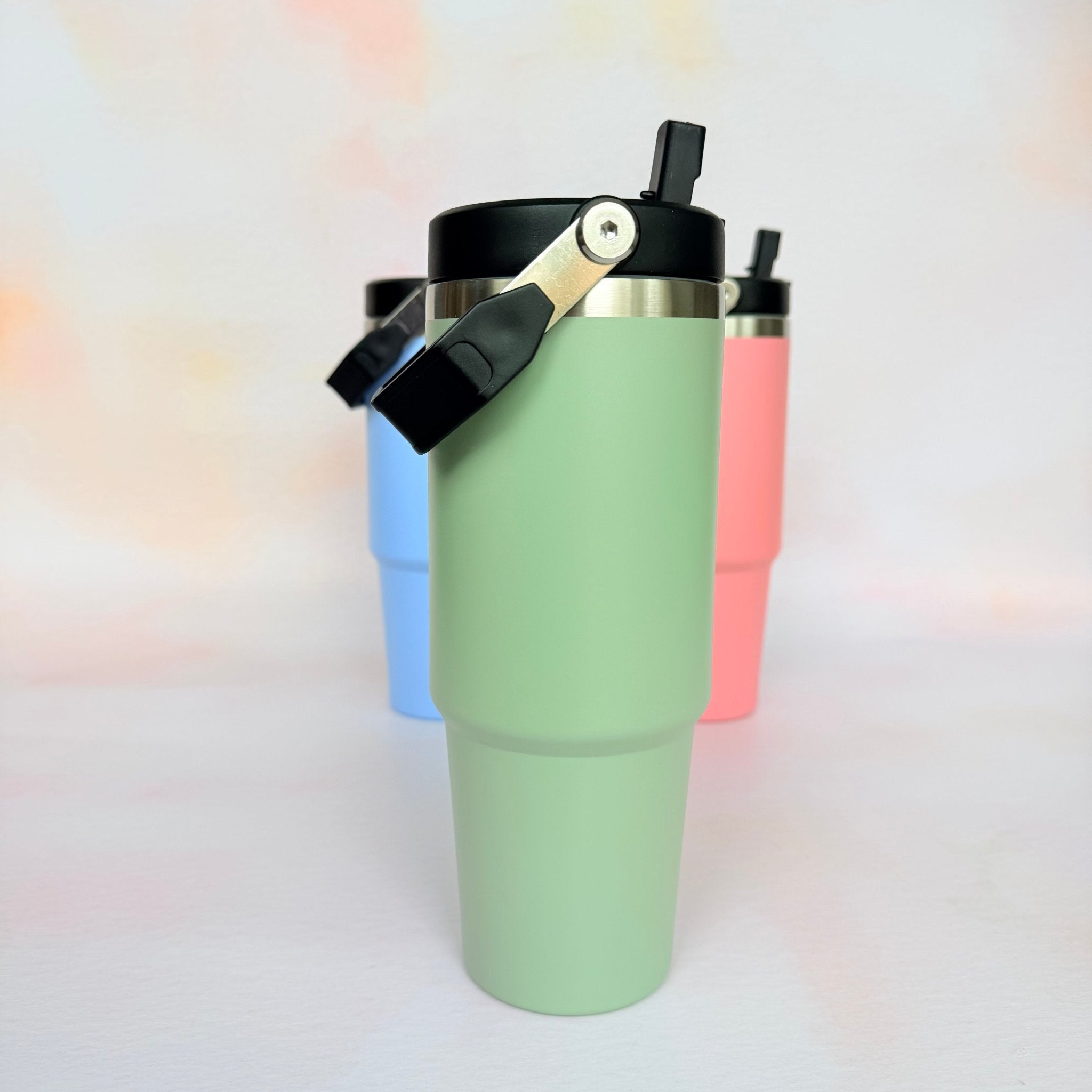 Three colour variants of insulated tumbler with handle lid – personalised steel water bottle – Etch 'N' Shine