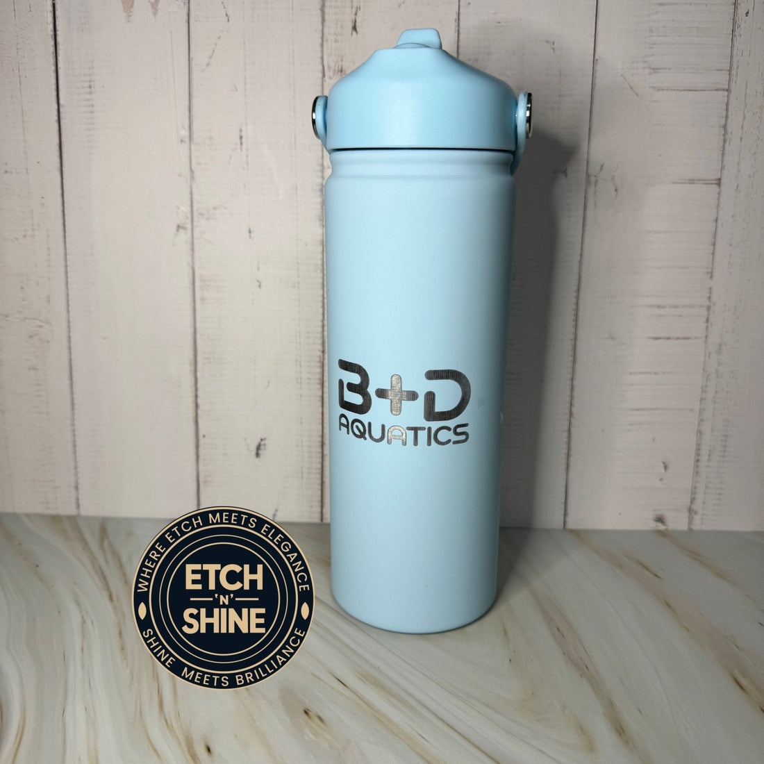 Laser-engraved pale blue insulated water bottle with custom text – personalised matte steel water bottle – Etch 'N' Shine