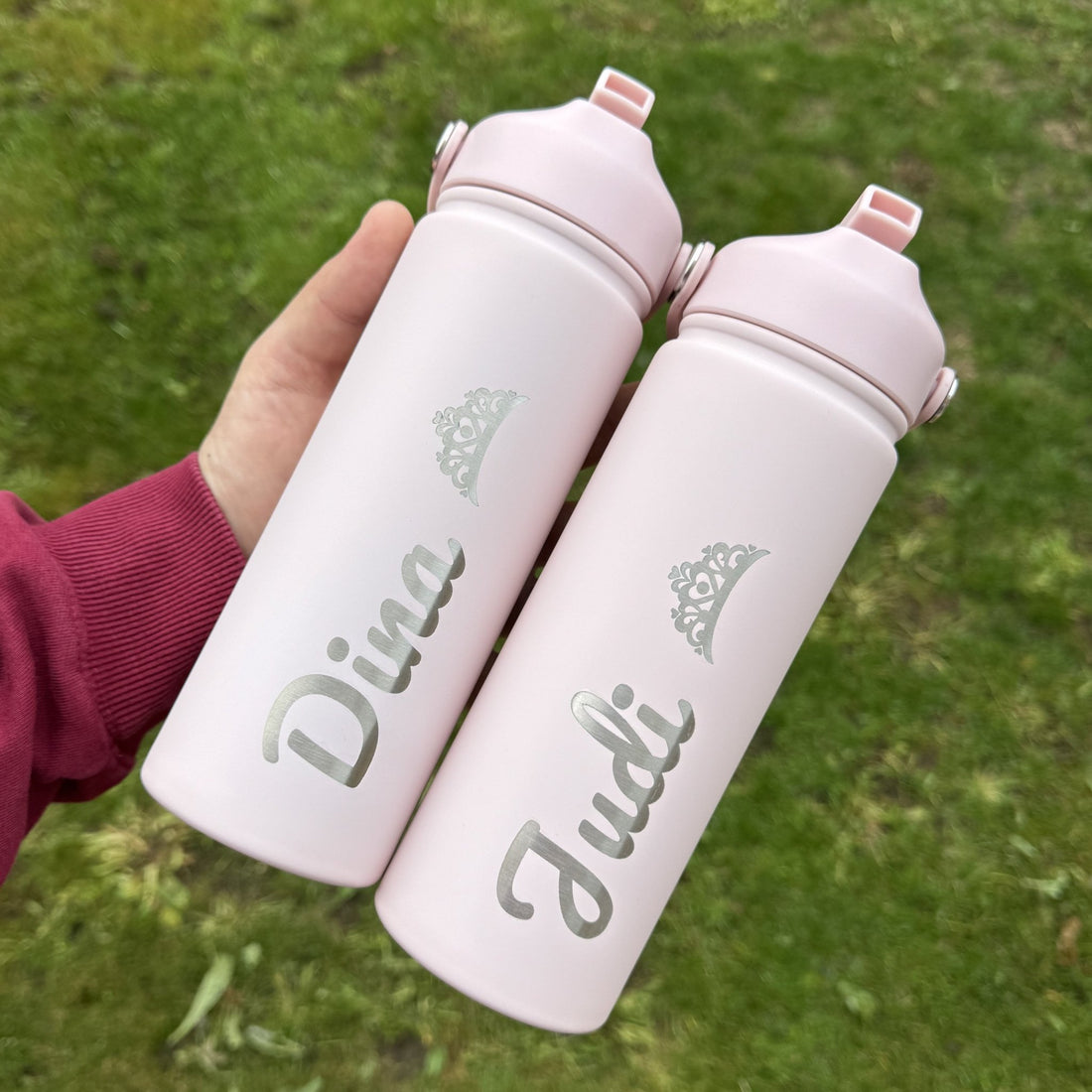Two pink insulated bottles with custom names – personalised steel water bottles – Etch 'N' Shine