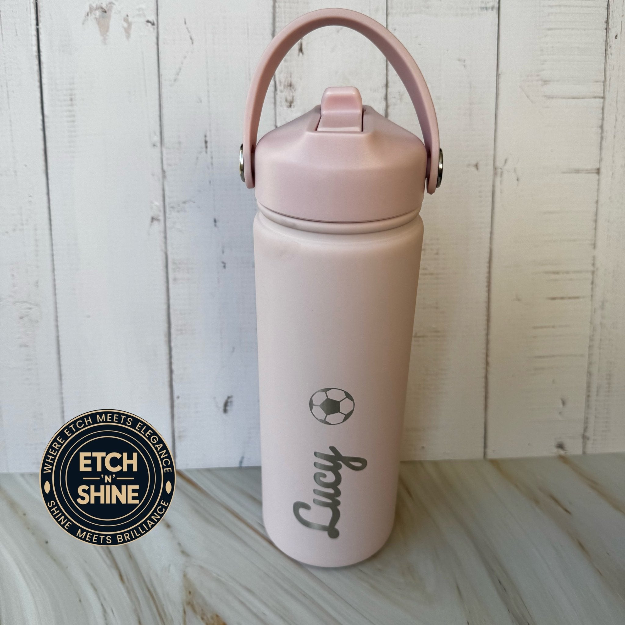 Pink insulated bottle with custom name and icon – personalised steel water bottle – Etch 'N' Shine