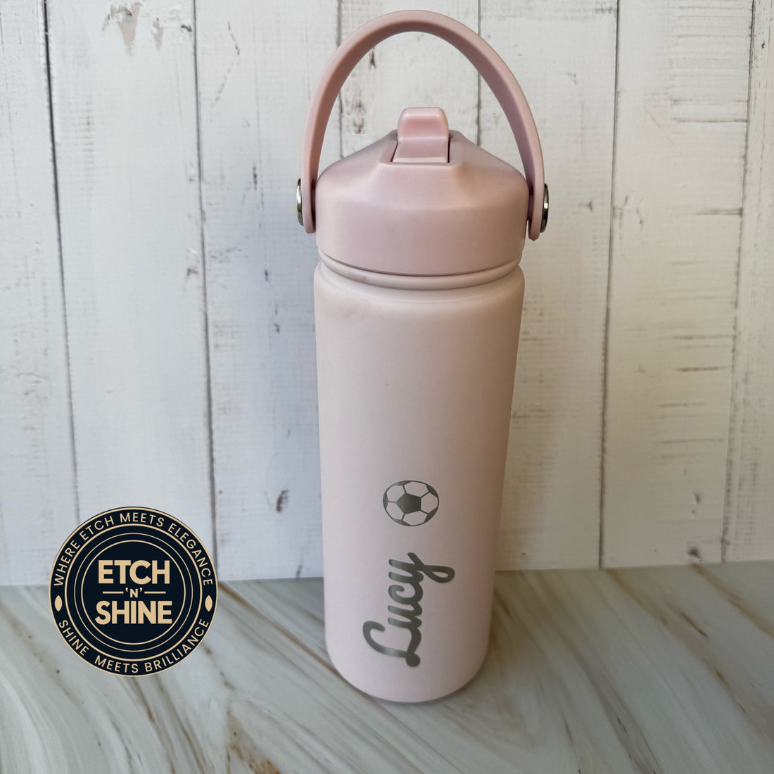 Pink insulated bottle with custom name and icon – personalised steel water bottle – Etch 'N' Shine