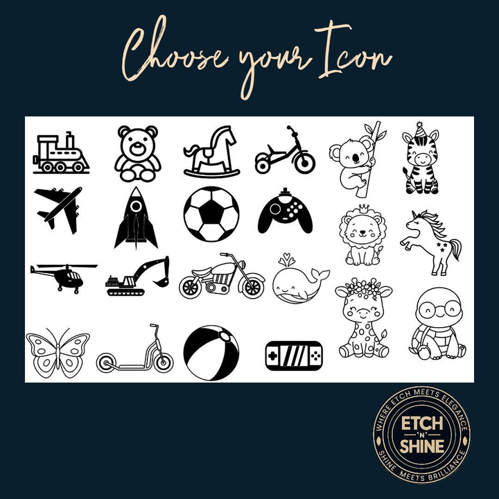 Icon selection chart showing children's toy and animal designs – personalised water bottle – Etch 'N' Shine