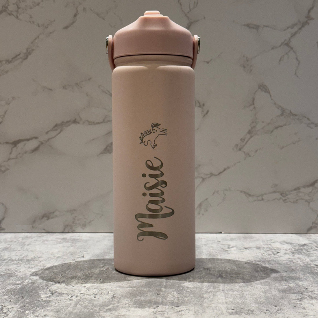 Pink insulated bottle with custom name and unicorn motif – personalised steel water bottle – Etch 'N' Shine