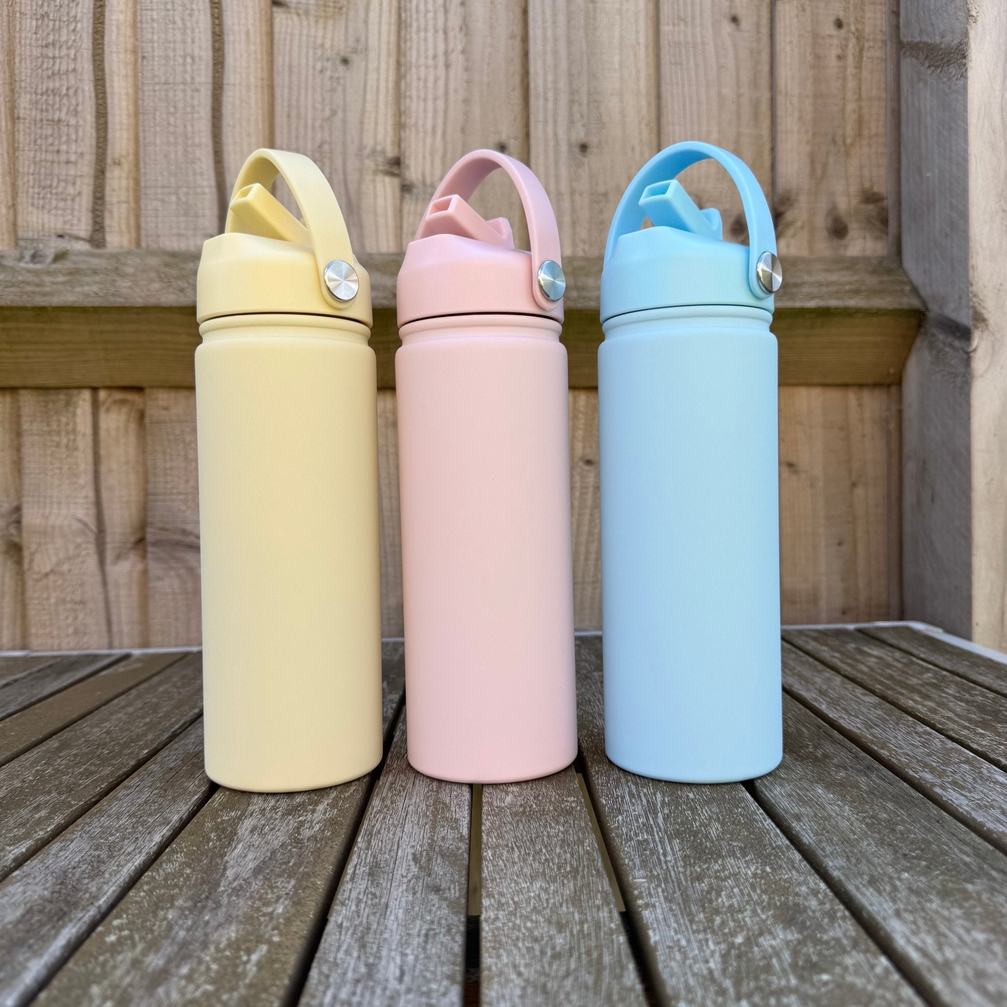 Three colour variants of pastel insulated water bottle – personalised steel bottle – Etch 'N' Shine