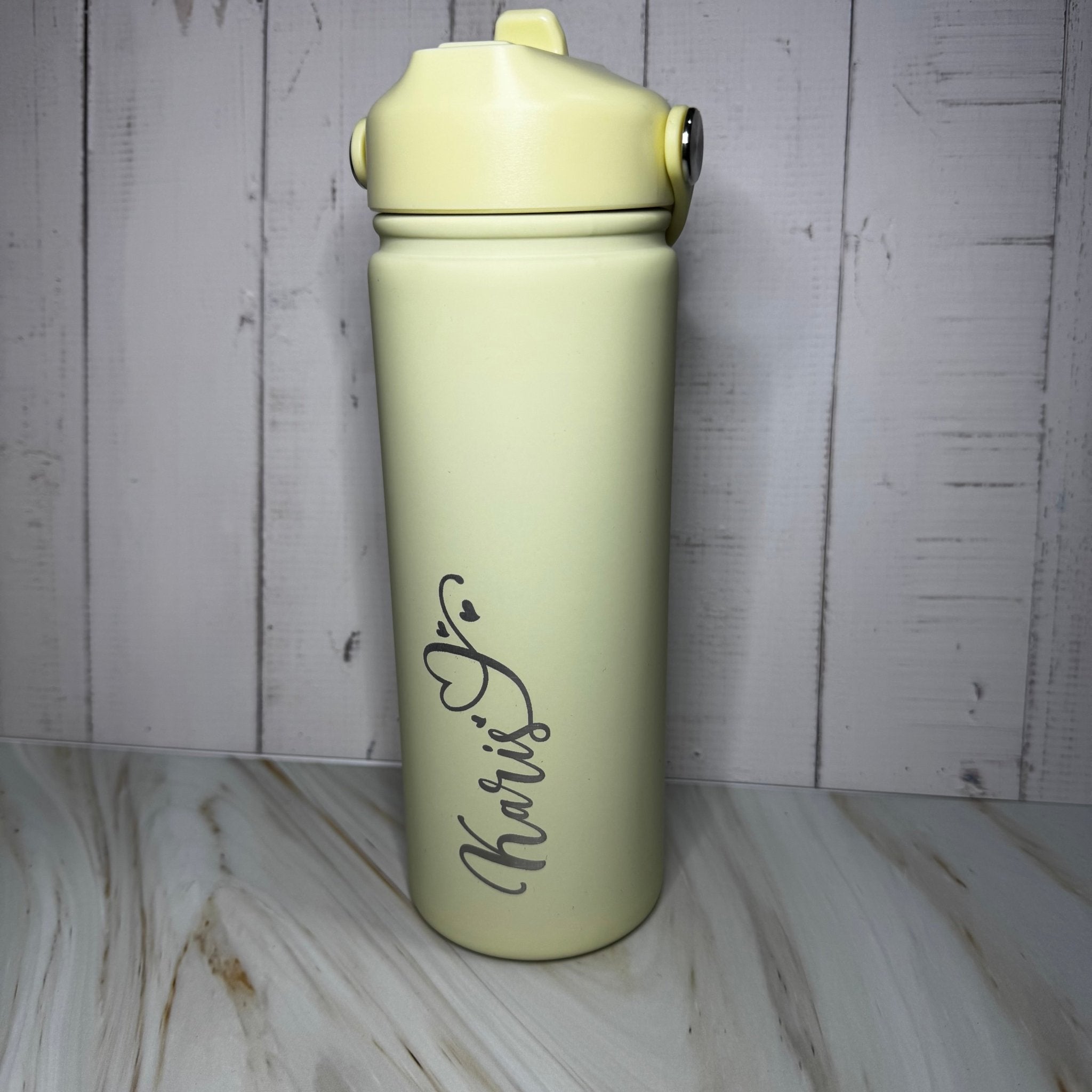 Pale yellow insulated bottle with custom name – personalised steel water bottle – Etch 'N' Shine