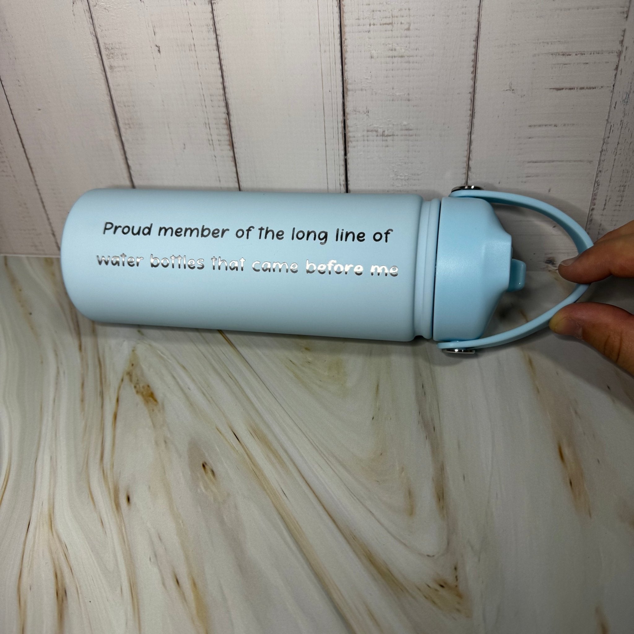Light blue insulated bottle with custom text – personalised steel water bottle – Etch 'N' Shine