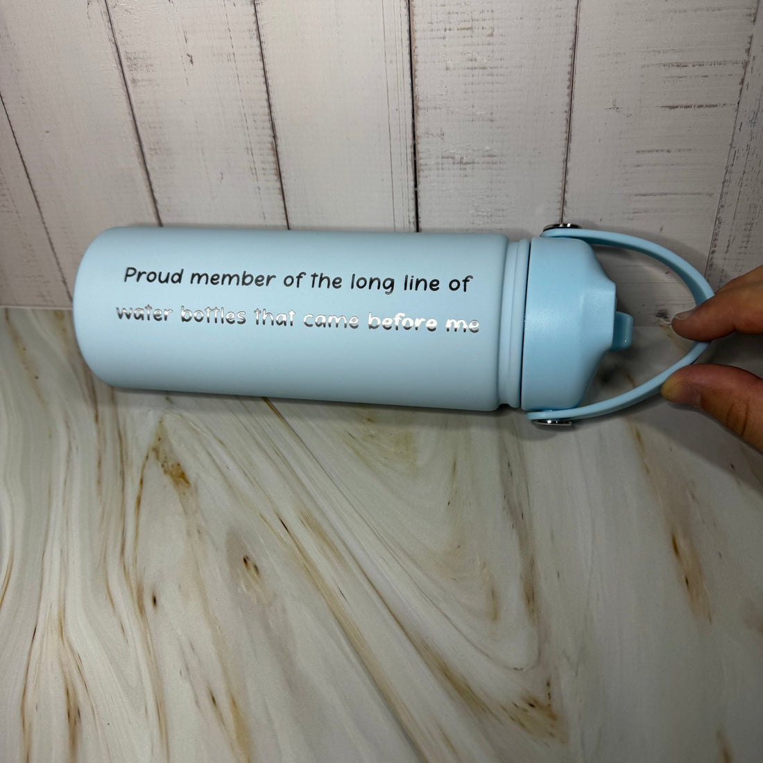 Light blue insulated bottle with custom text – personalised steel water bottle – Etch 'N' Shine