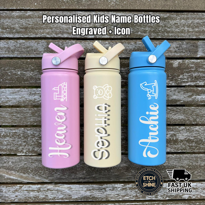 Personalised kids water bottles with name and icon engraving – pink, cream, and blue colours by Etch ‘N’ Shine
