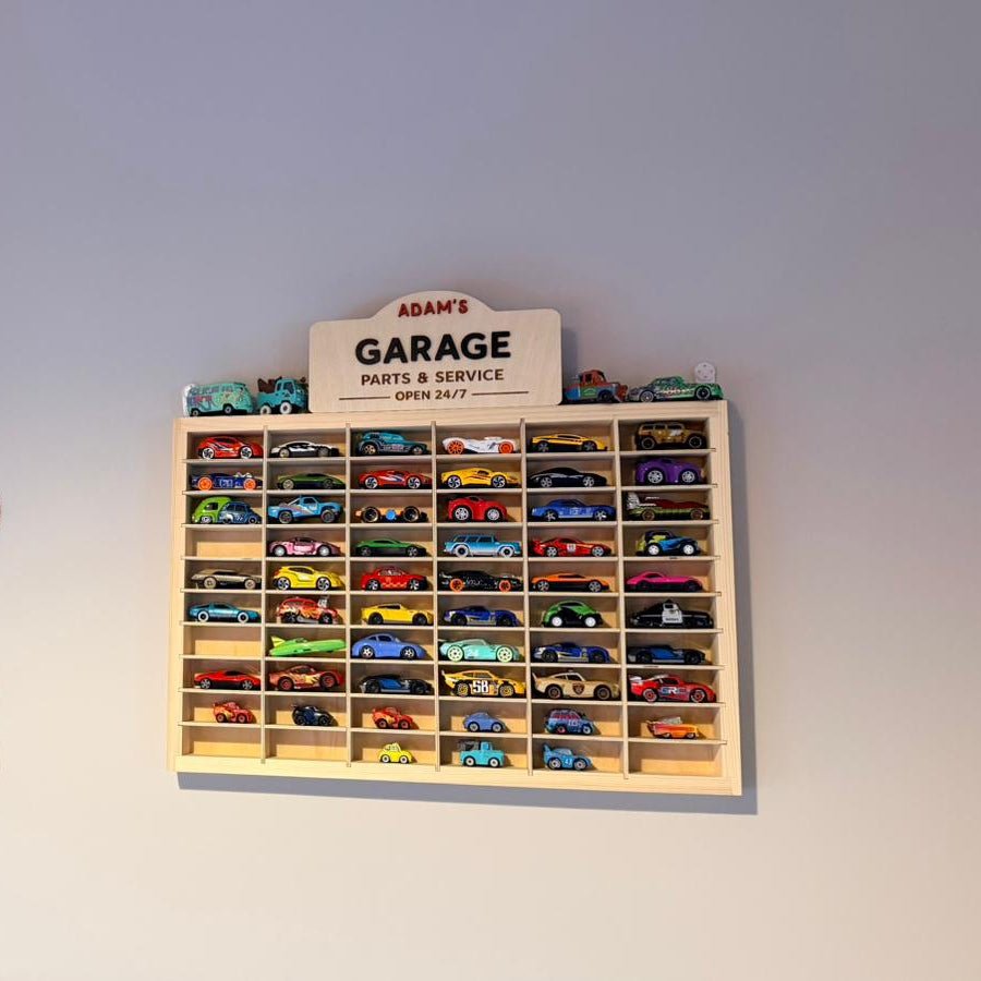 Wood wall display unit with custom name garage sign – personalised kids plaque – Etch 'N' Shine