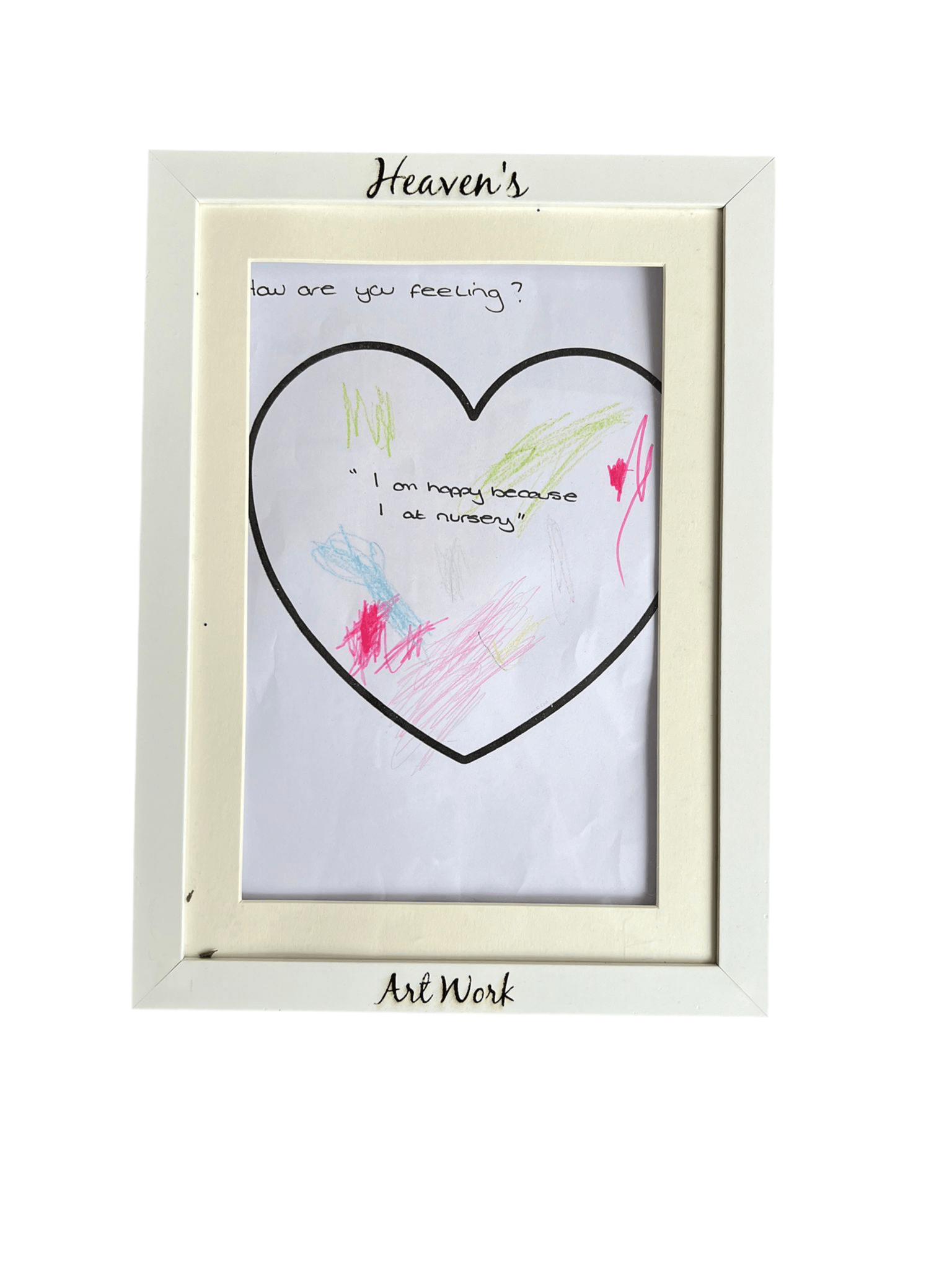 White frame with custom name engraved, holding child's artwork – personalised wood photo frame – Etch 'N' Shine
