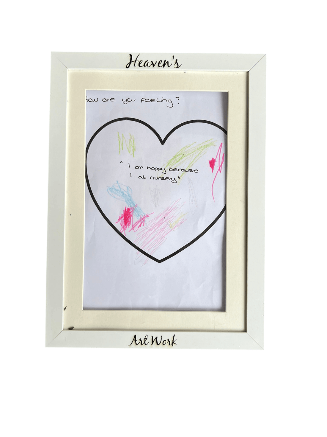 White frame with custom name engraved, holding child's artwork – personalised wood photo frame – Etch 'N' Shine
