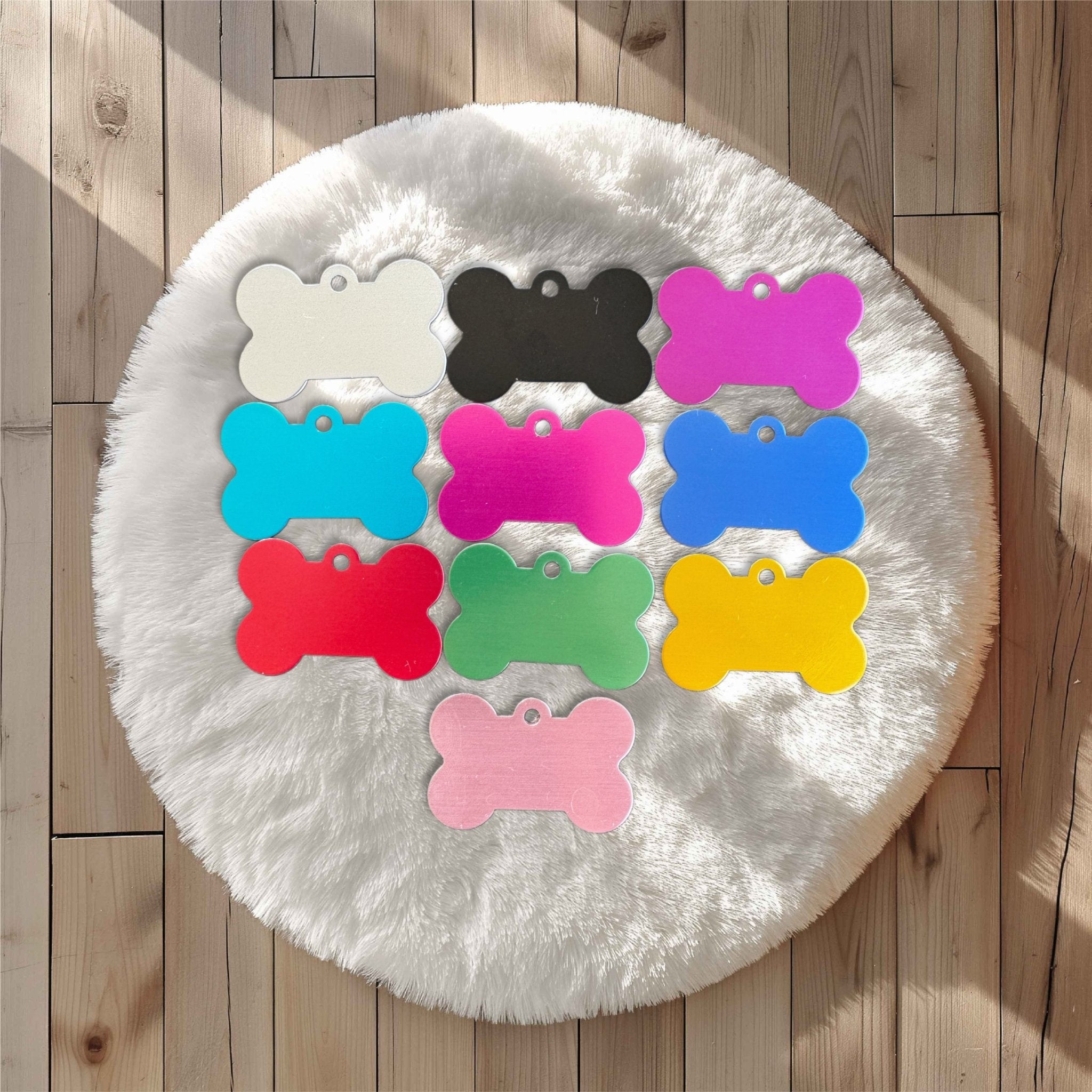 Ten colour variants of bone-shaped pet tag – personalised engraved aluminium dog tag – Etch 'N' Shine