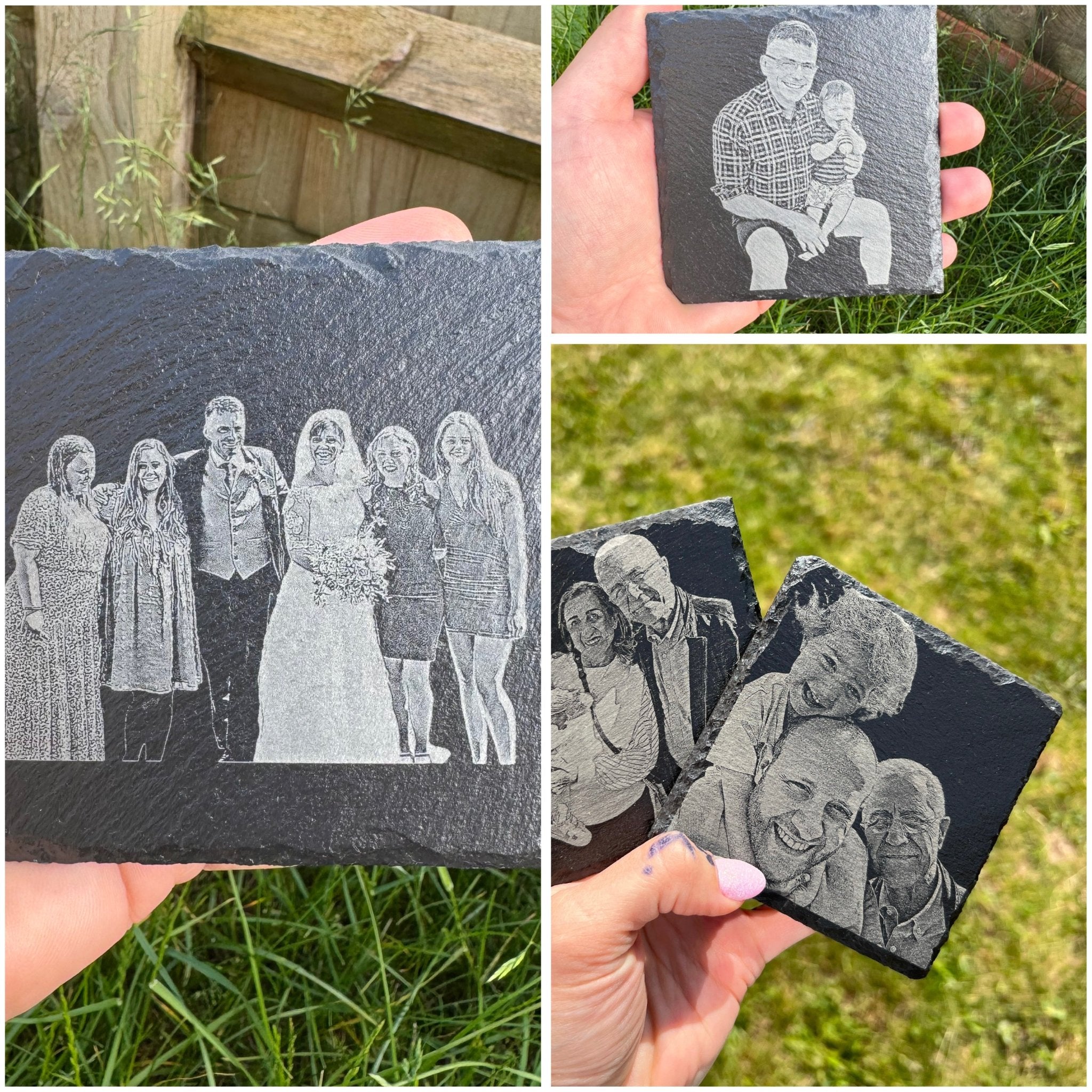 Slate coasters with engraved custom photos held outdoors – personalised slate coasters – Etch 'N' Shine
