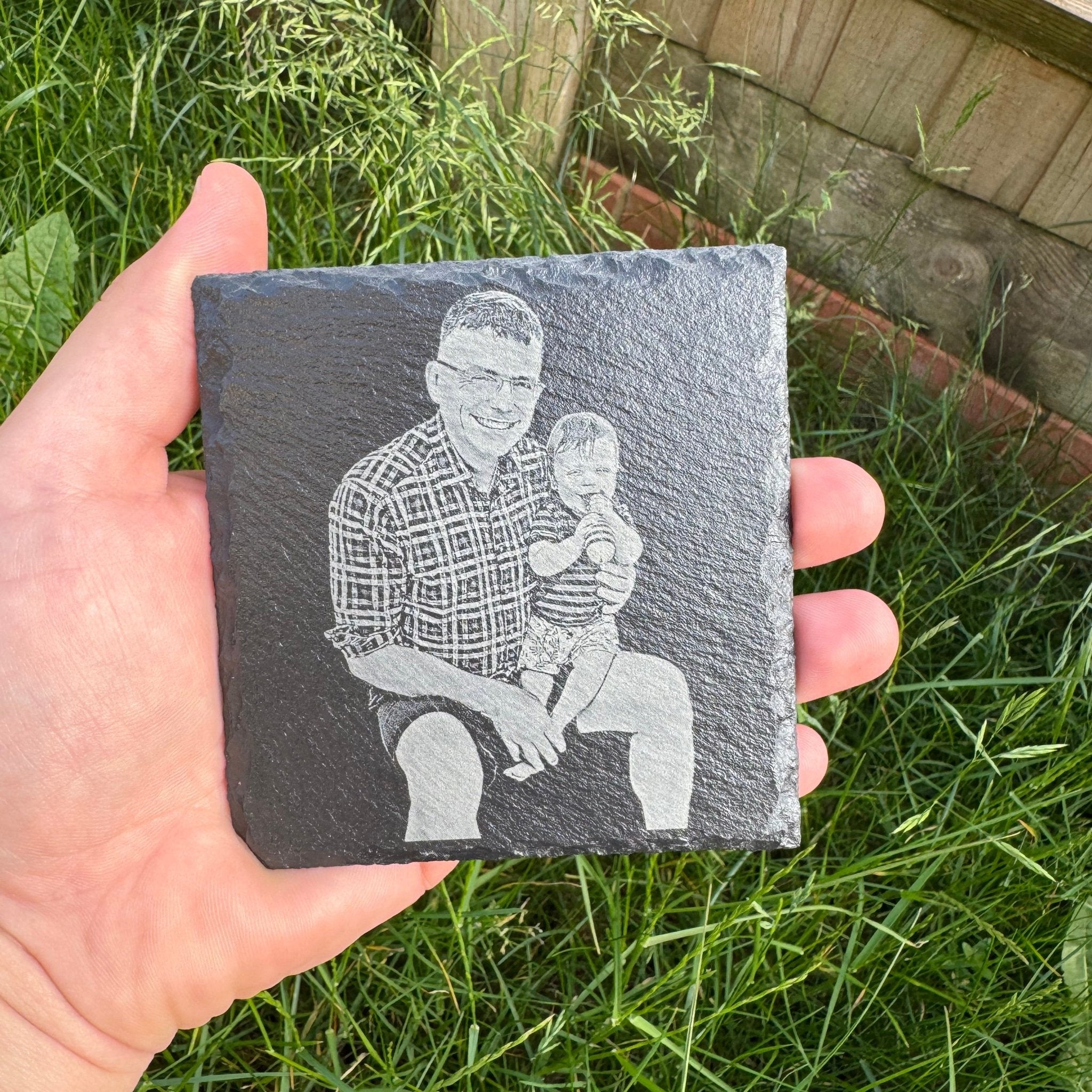 Laser-engraved slate coaster with custom photo portrait – personalised slate coaster – Etch 'N' Shine