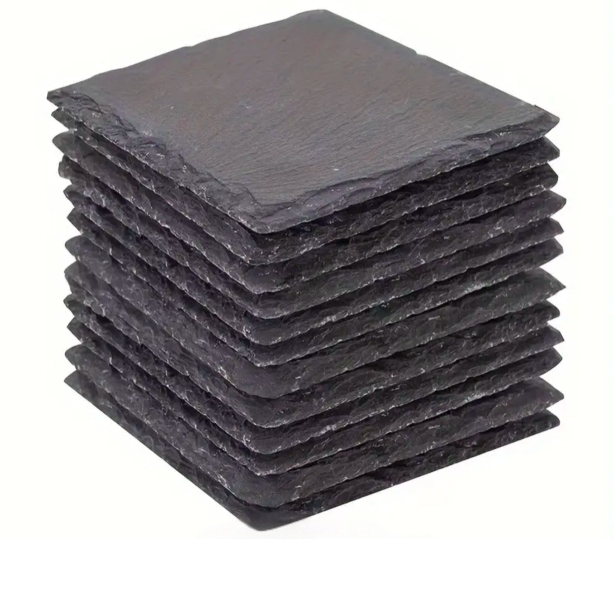 Stack of ten square slate coasters showing rough natural edges – personalised slate coaster set – Etch 'N' Shine