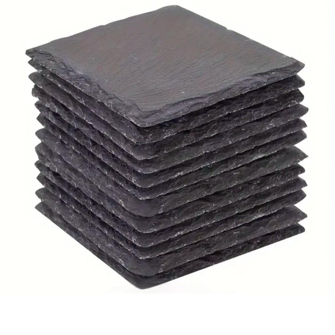 Stack of ten square slate coasters showing rough natural edges – personalised slate coaster set – Etch 'N' Shine