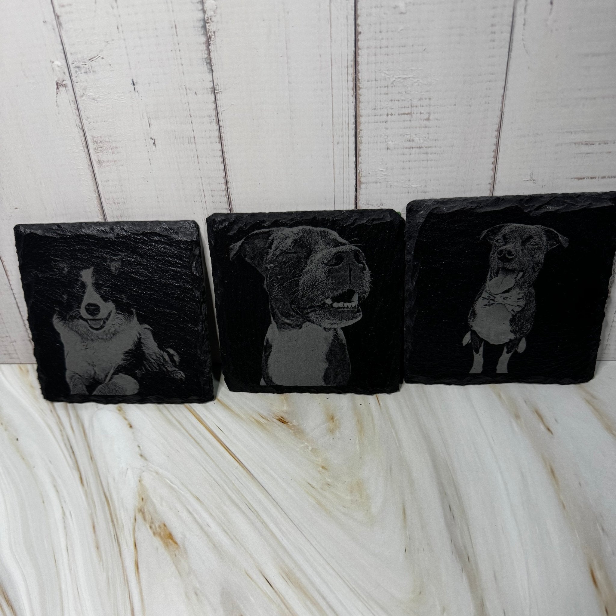 Three slate coasters with engraved pet portraits – personalised photo slate coasters – Etch 'N' Shine