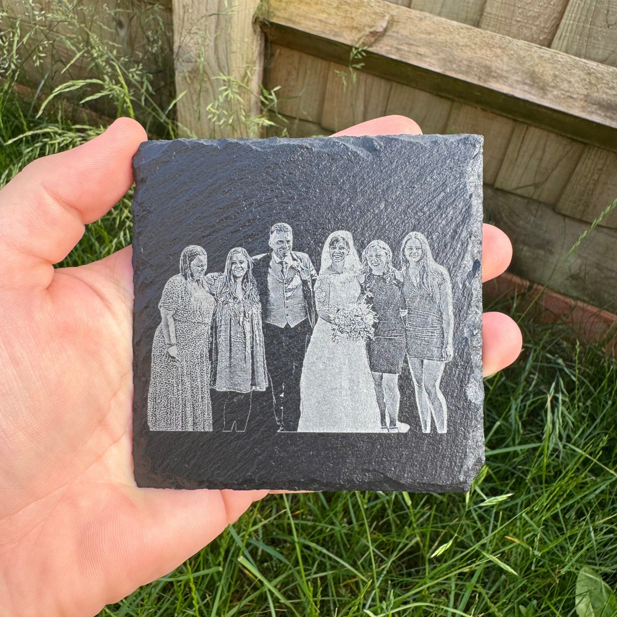Laser-engraved slate coaster with custom photo portrait – personalised slate coaster – Etch 'N' Shine