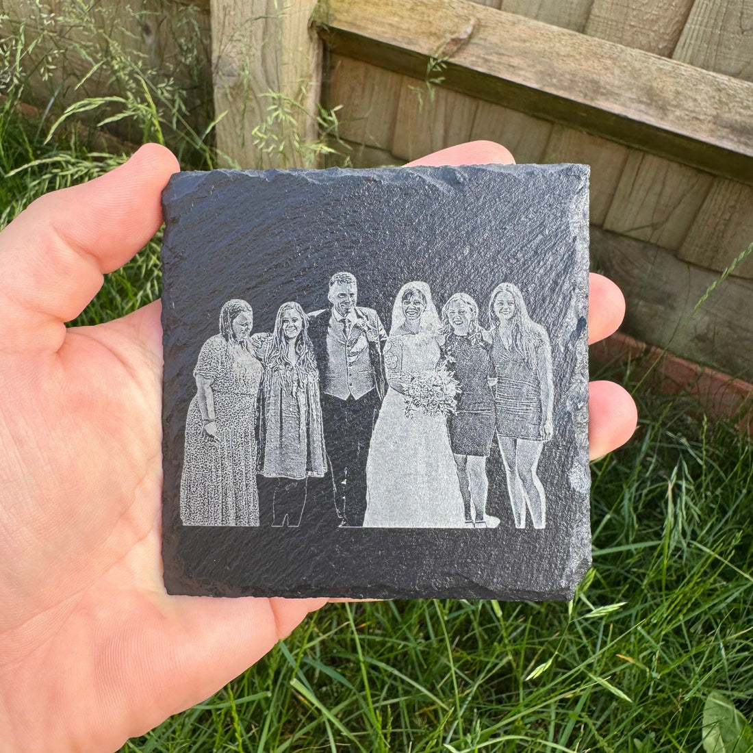 Laser-engraved slate coaster with custom photo portrait – personalised slate coaster – Etch 'N' Shine
