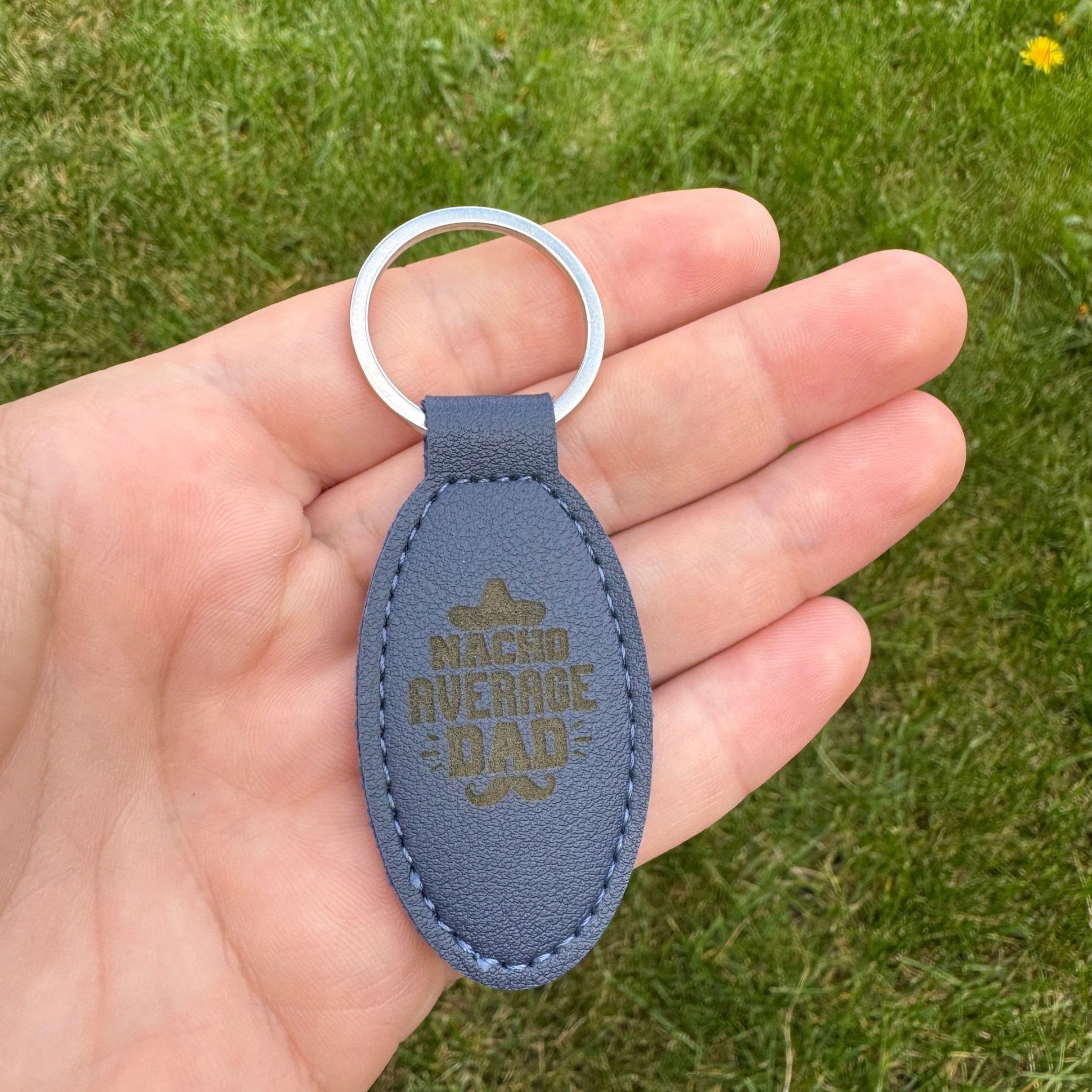 Oval navy PU leather keyring with engraved custom text and silver split ring – personalised leather keyring – Etch 'N' Shine