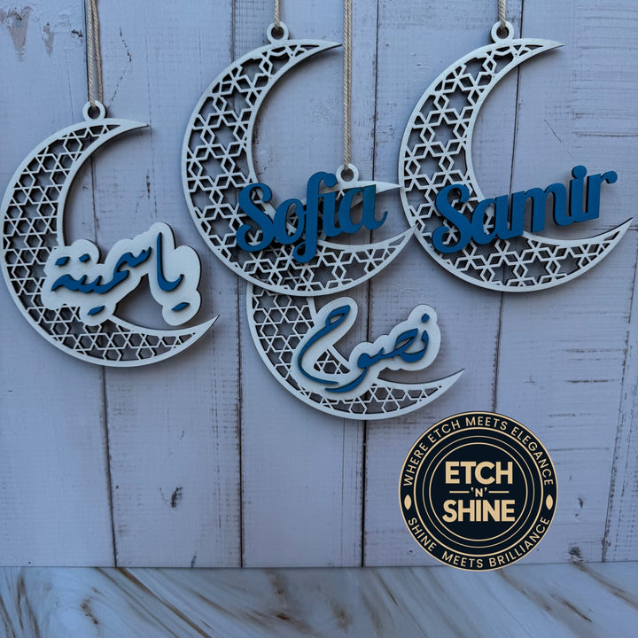 Crescent moon hangings with custom names – personalised wooden Ramadan ornaments – Etch 'N' Shine