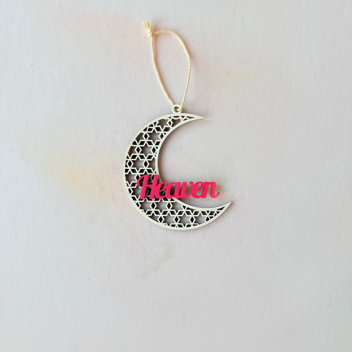 Laser-cut crescent moon hanging ornament with custom name in pink – personalised wooden Ramadan decoration – Etch 'N' Shine