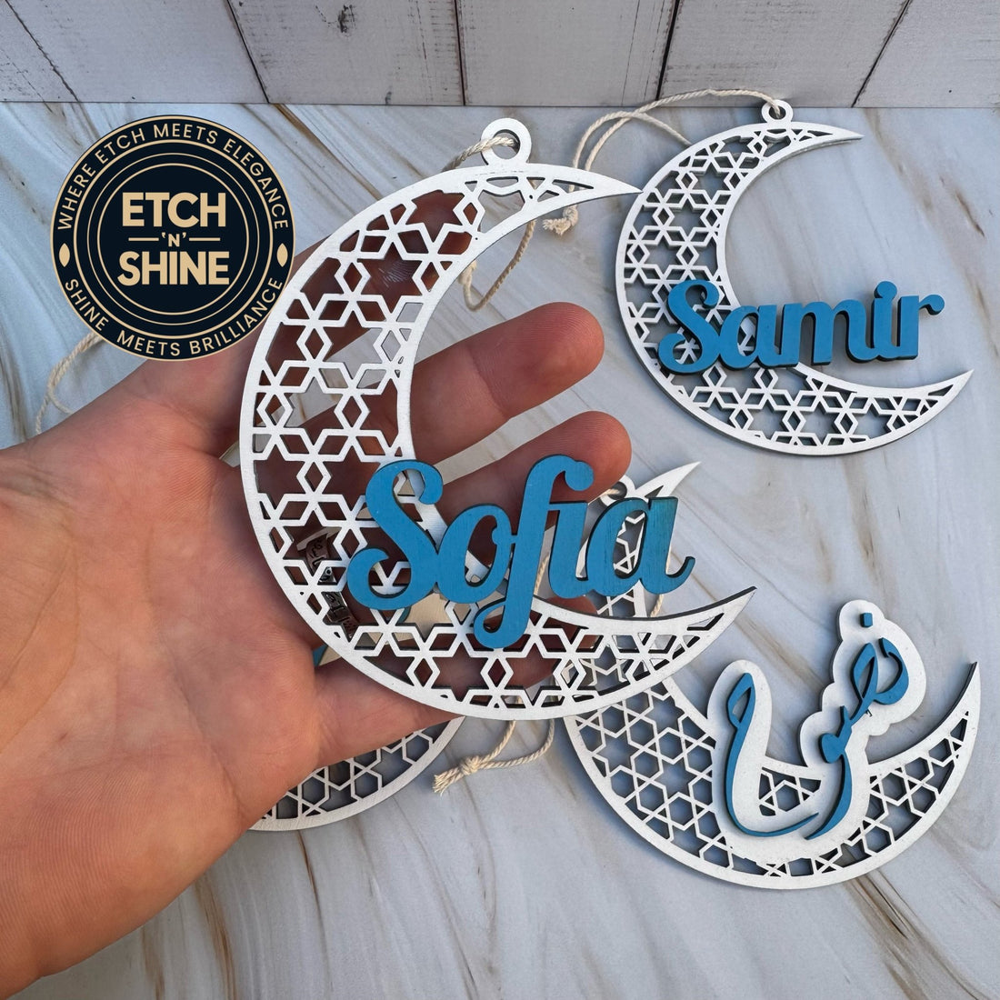 Personalised Ramadan Crescent Name Ornament – Pink or Blue - Etch ‘n’ Shine