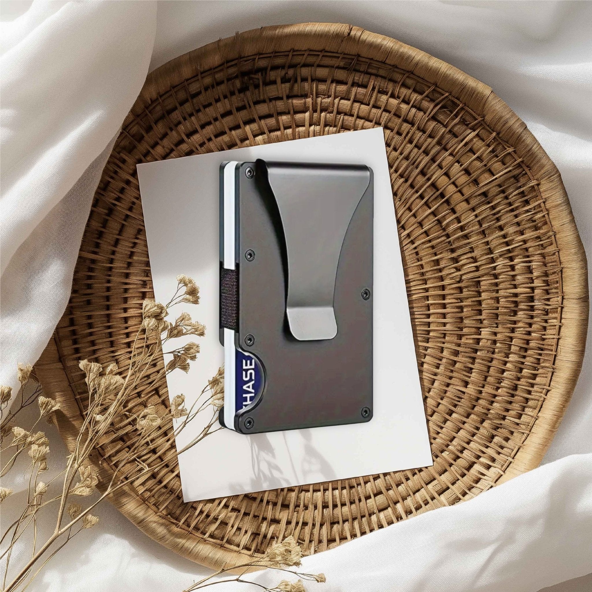 Metal card holder with money clip on a wicker tray – personalised engraved aluminium RFID wallet – Etch 'N' Shine