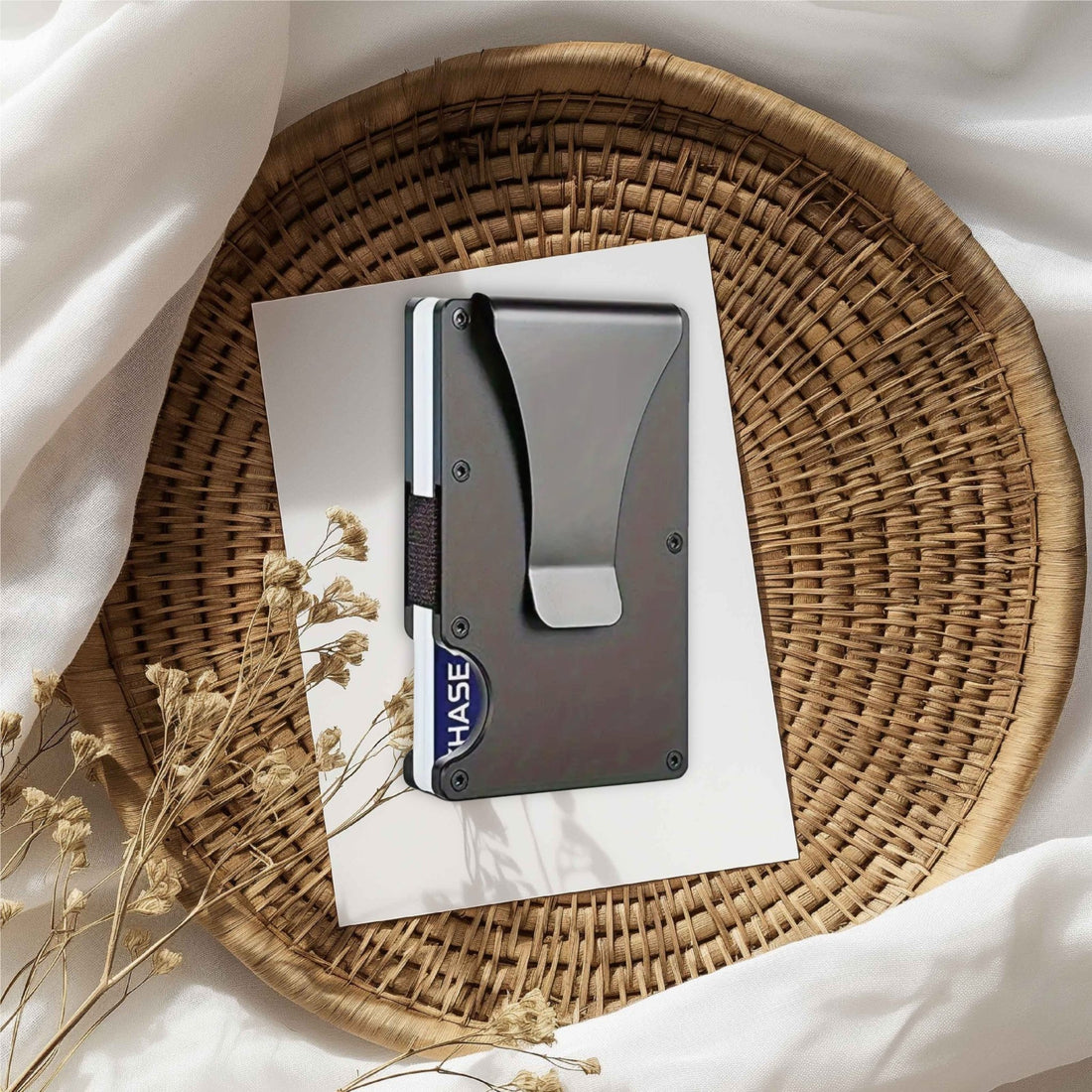 Metal card holder with money clip on a wicker tray – personalised engraved aluminium RFID wallet – Etch 'N' Shine