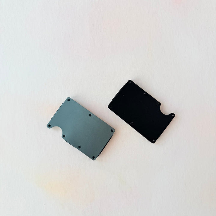 Grey and black colour variants of slim aluminium card holder – personalised engraved metal RFID wallet – Etch 'N' Shine