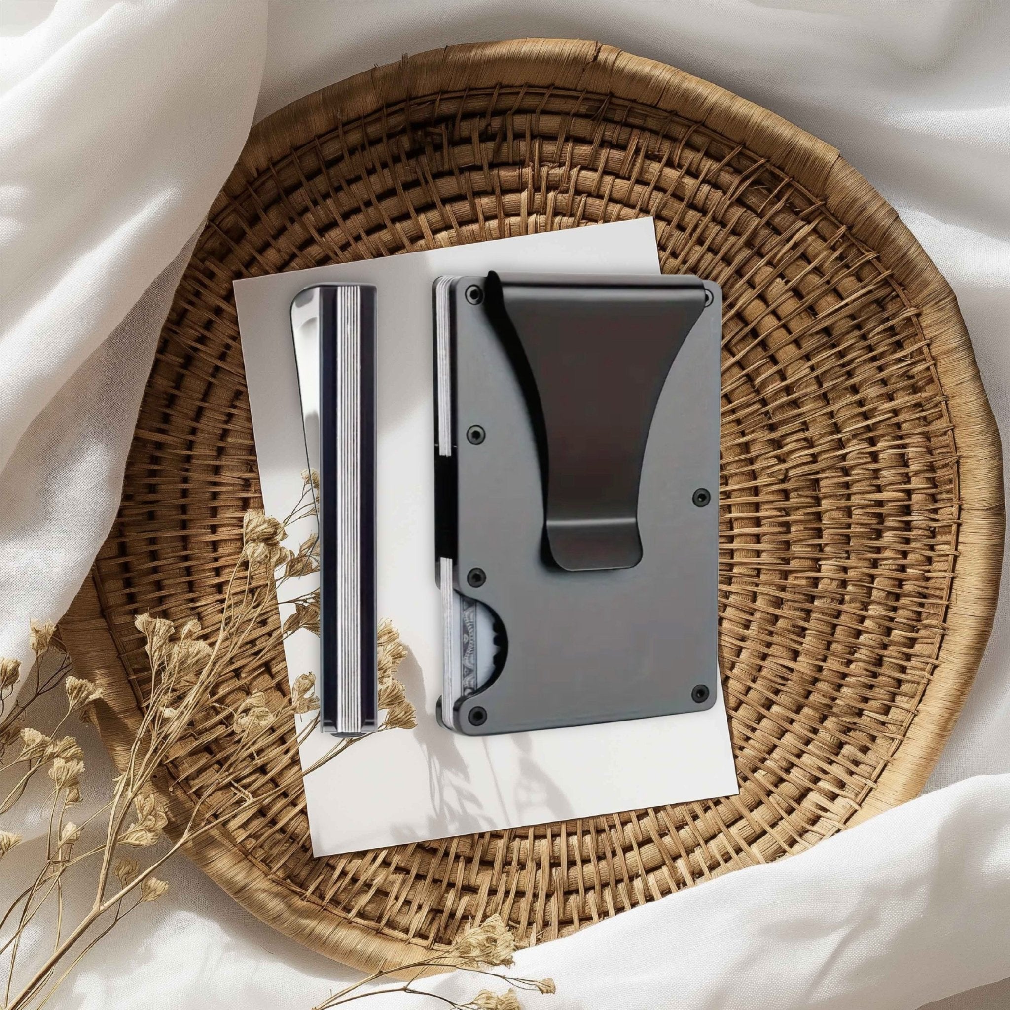 Metal RFID card holder wallet with money clip on a wicker tray – personalised engraved aluminium wallet – Etch 'N' Shine