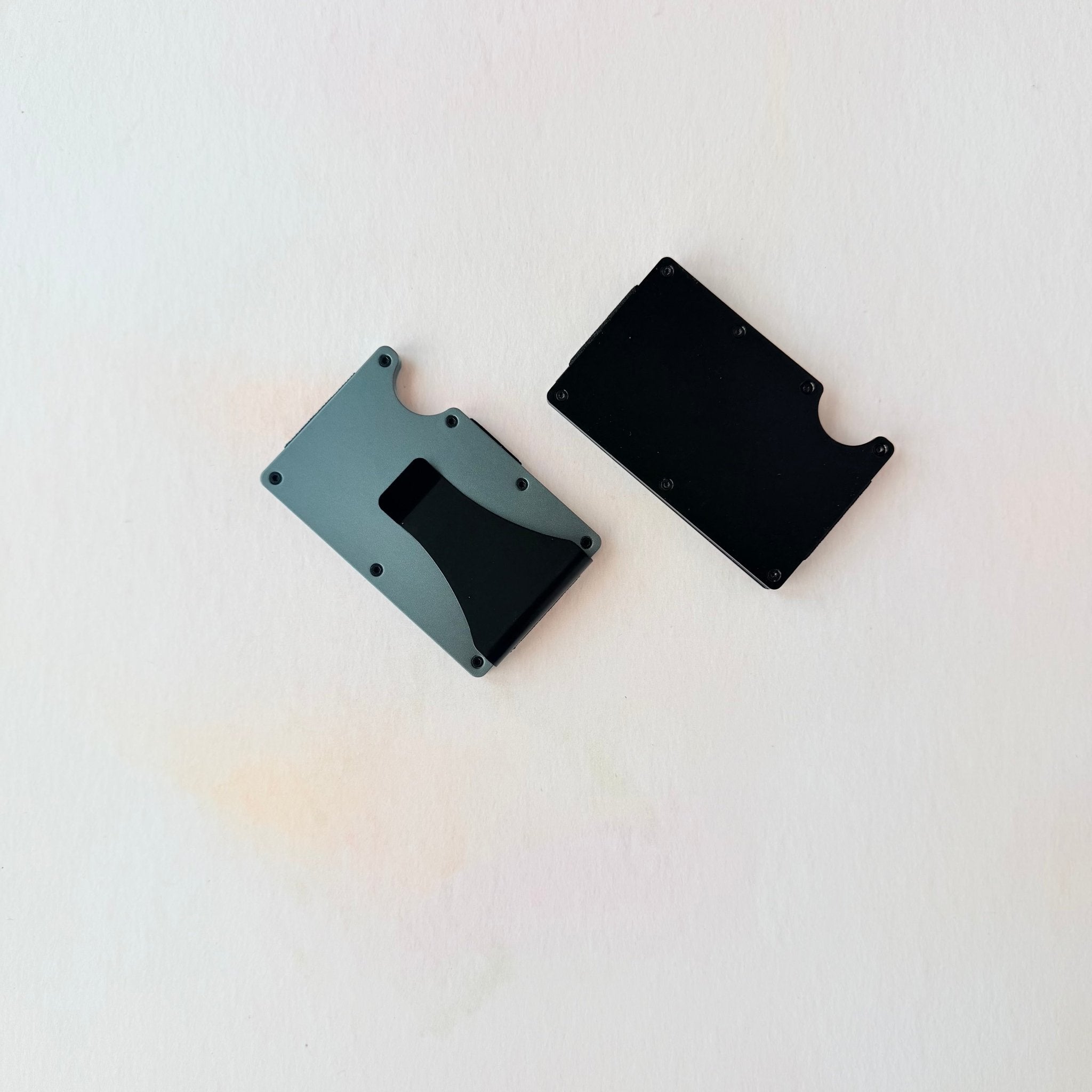 Grey and black colour variants of slim aluminium card holder – personalised engraved aluminium wallet – Etch 'N' Shine