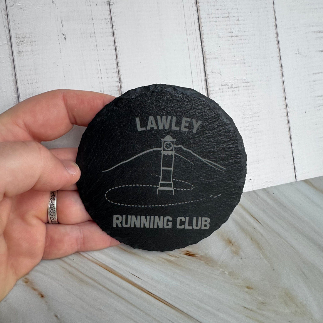 Round slate coaster with custom club logo and personalised text – engraved slate coaster – Etch 'N' Shine