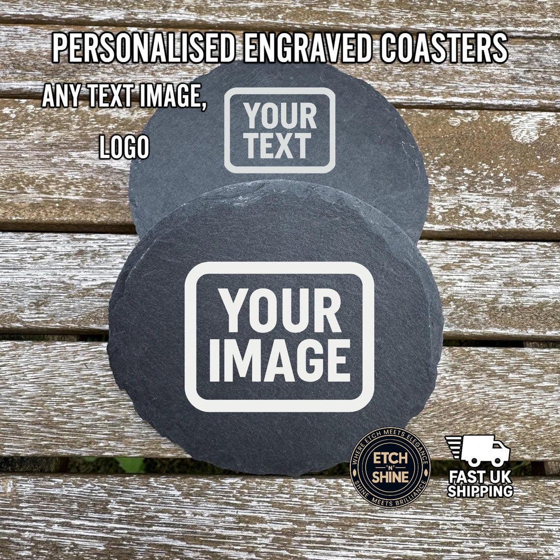 Two round slate coasters with custom text engraved – personalised slate coasters – Etch 'N' Shine
