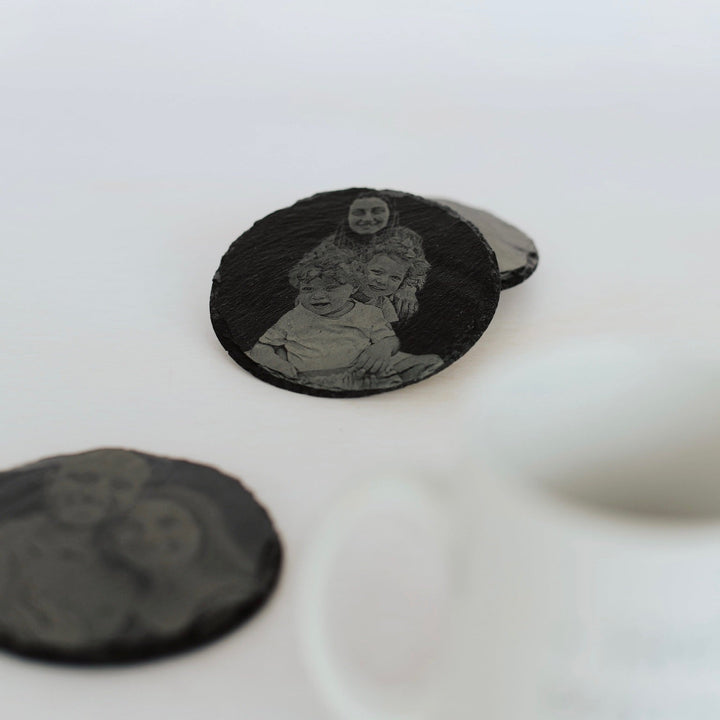Round slate coaster laser-engraved with custom photo portrait – personalised slate coaster set – Etch 'N' Shine