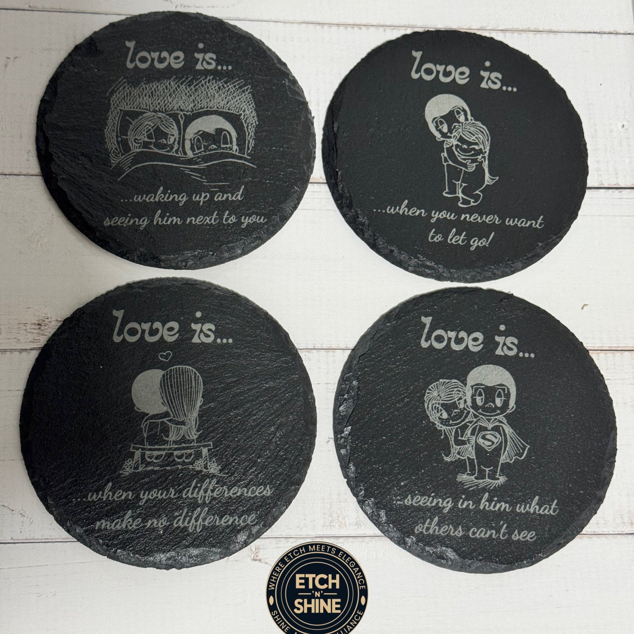 Set of four round slate coasters with engraved couples illustrations – slate coaster set – Etch 'N' Shine