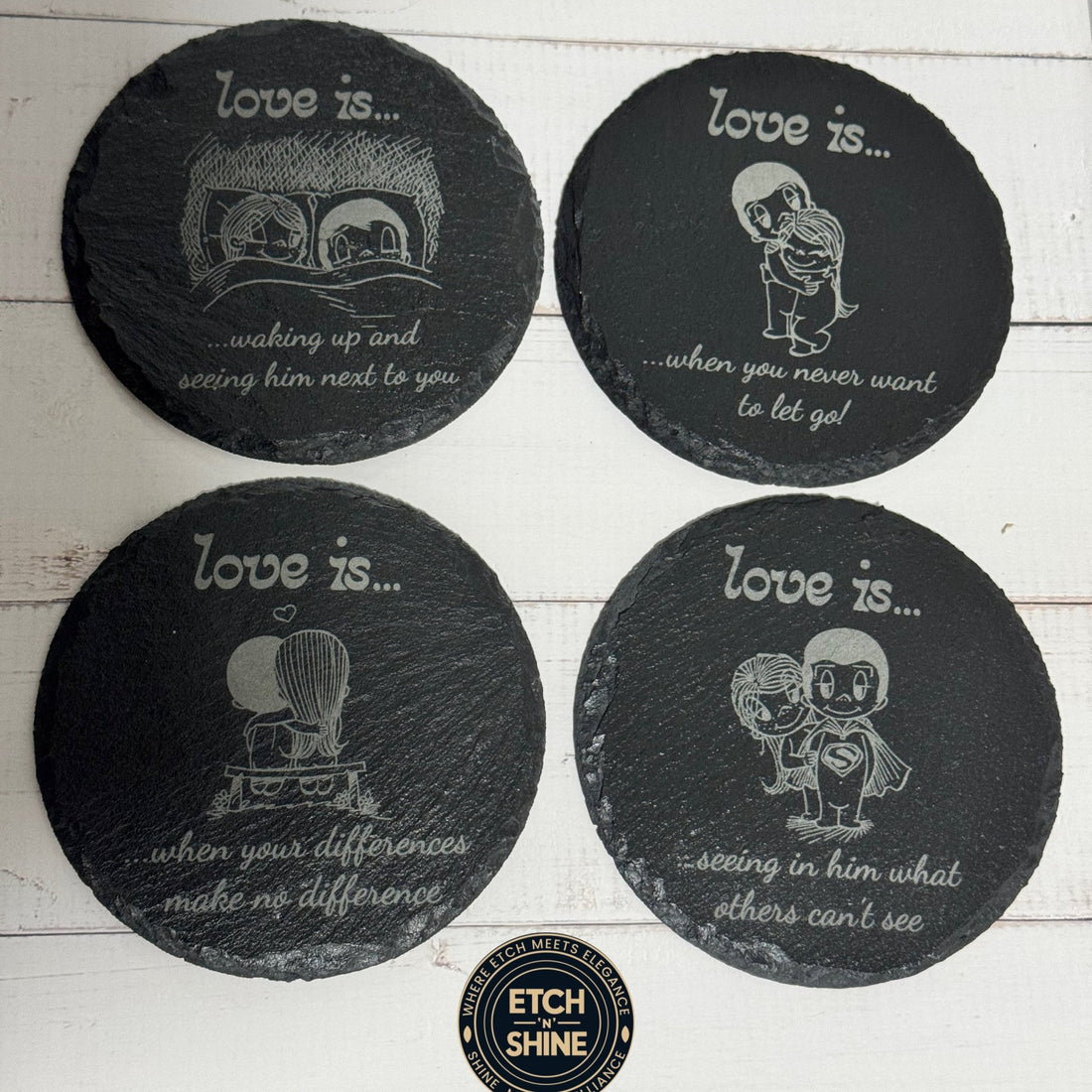 Set of four round slate coasters with engraved couples illustrations – slate coaster set – Etch 'N' Shine
