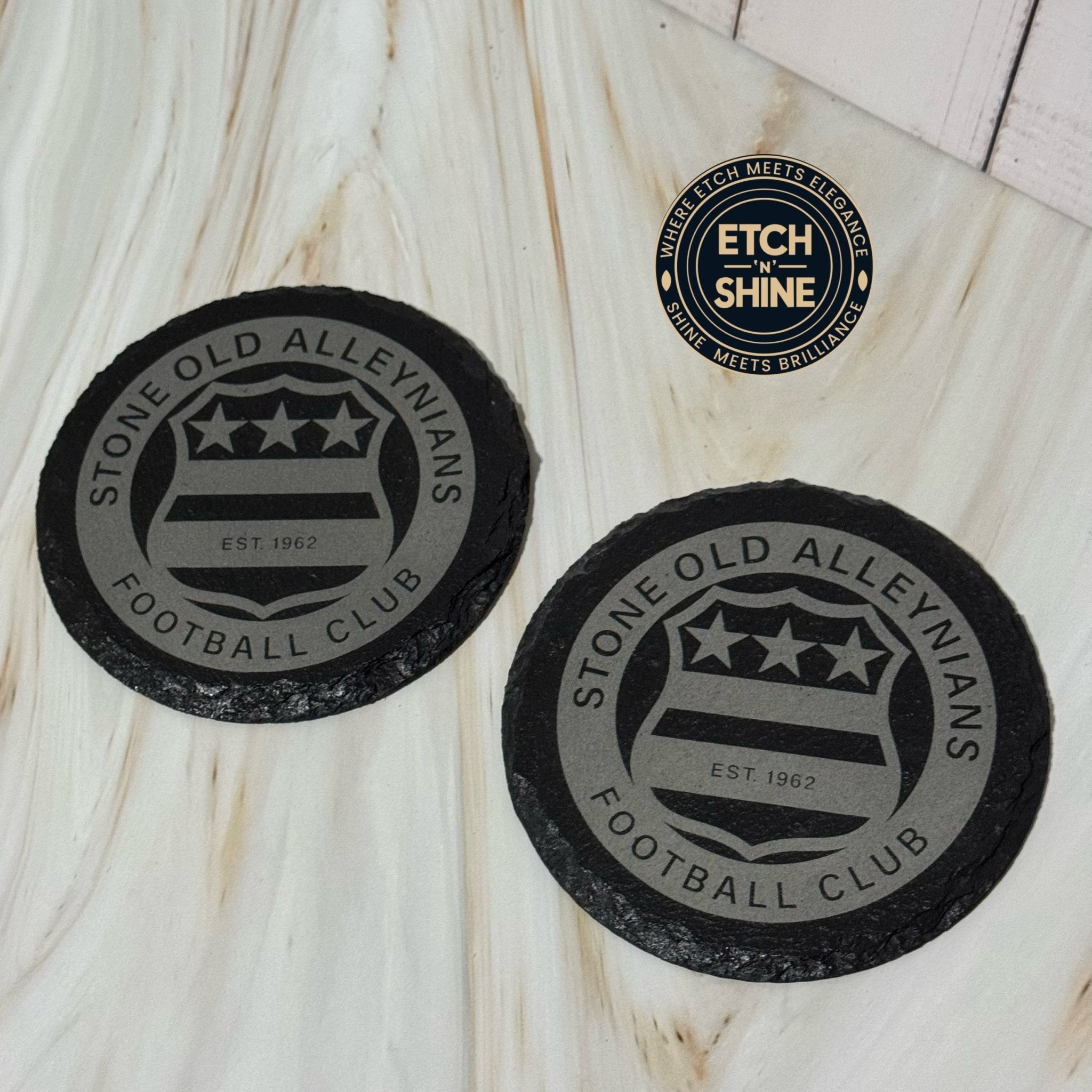 Two slate coasters with engraved club crest and custom text – personalised slate coasters – Etch 'N' Shine