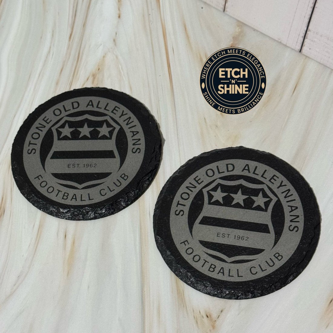 Two slate coasters with engraved club crest and custom text – personalised slate coasters – Etch 'N' Shine