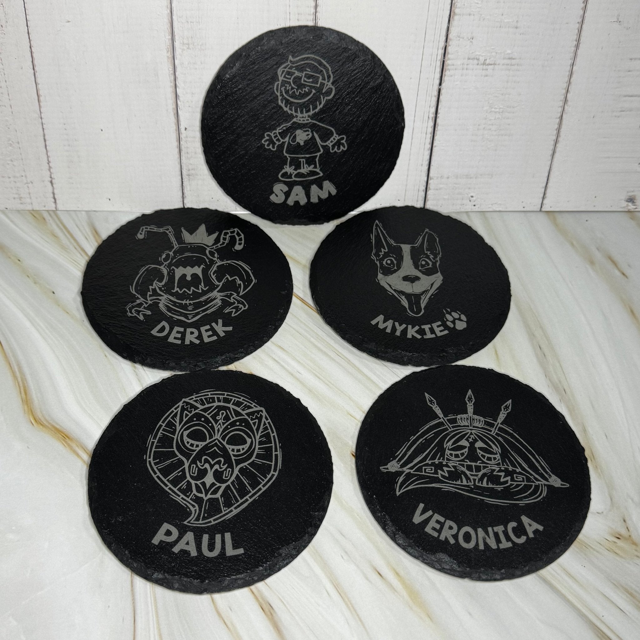 Set of four slate coasters with custom illustrations and names – engraved slate coasters – Etch 'N' Shine