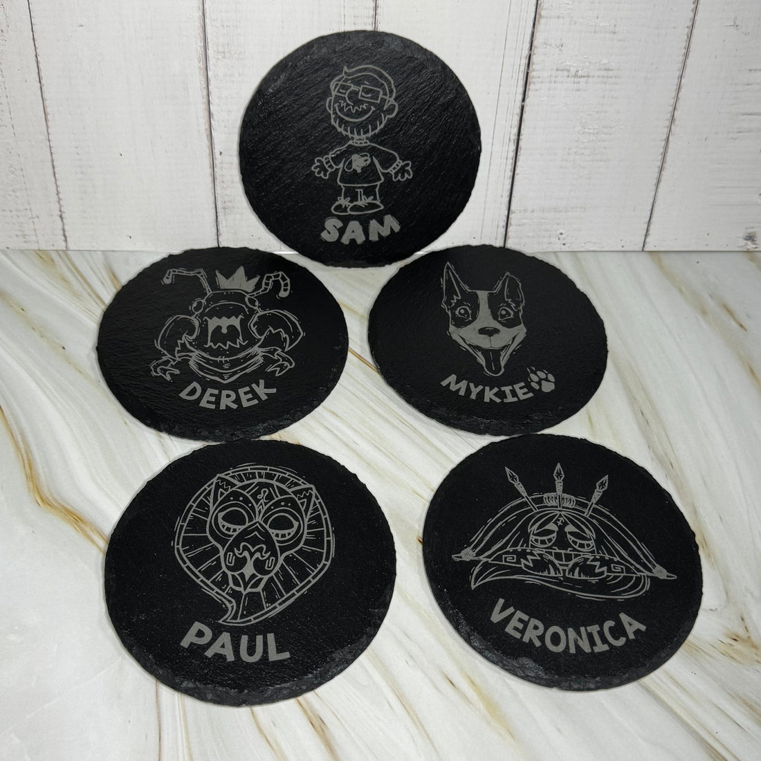 Set of four slate coasters with custom illustrations and names – engraved slate coasters – Etch 'N' Shine