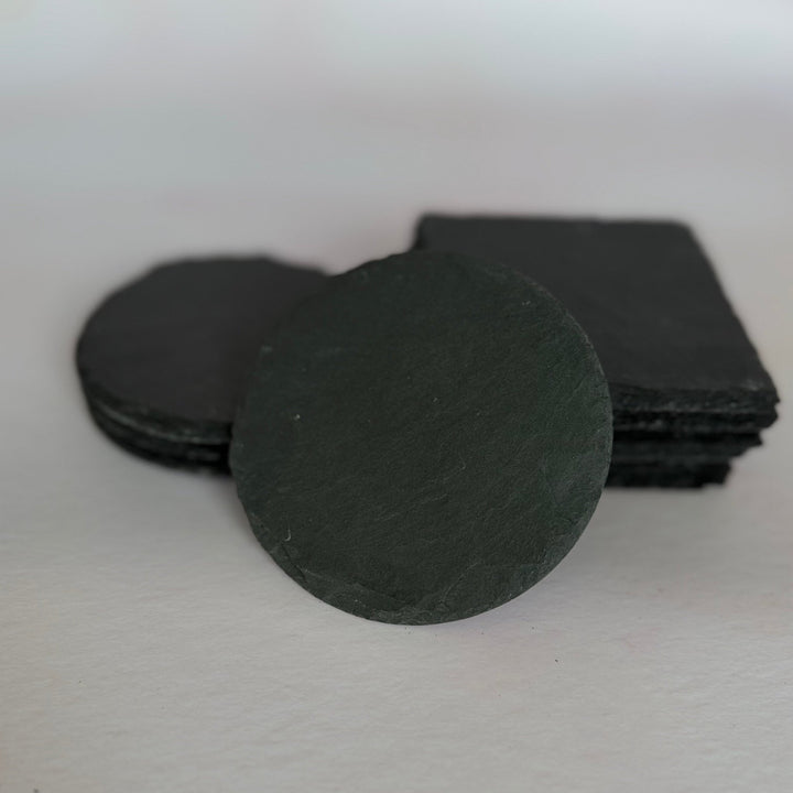 Round and square slate coasters stacked together, plain finish – personalised slate coaster set – Etch 'N' Shine