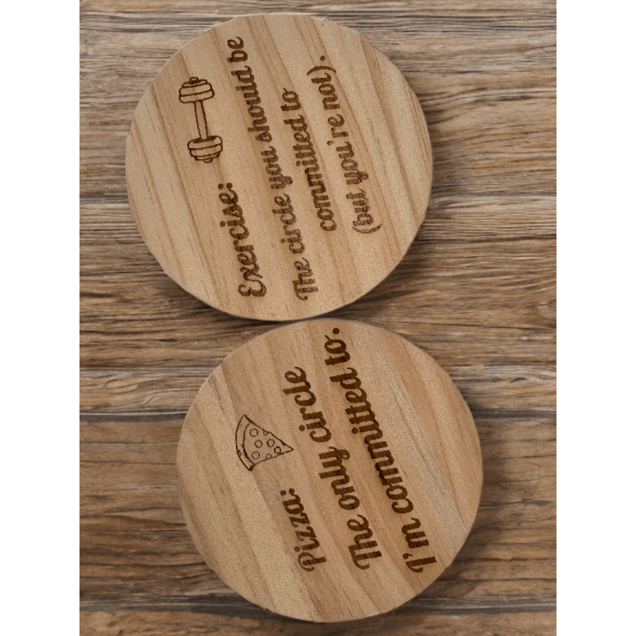 Two round wooden coasters with engraved humorous text – personalised wooden coaster set – Etch 'N' Shine