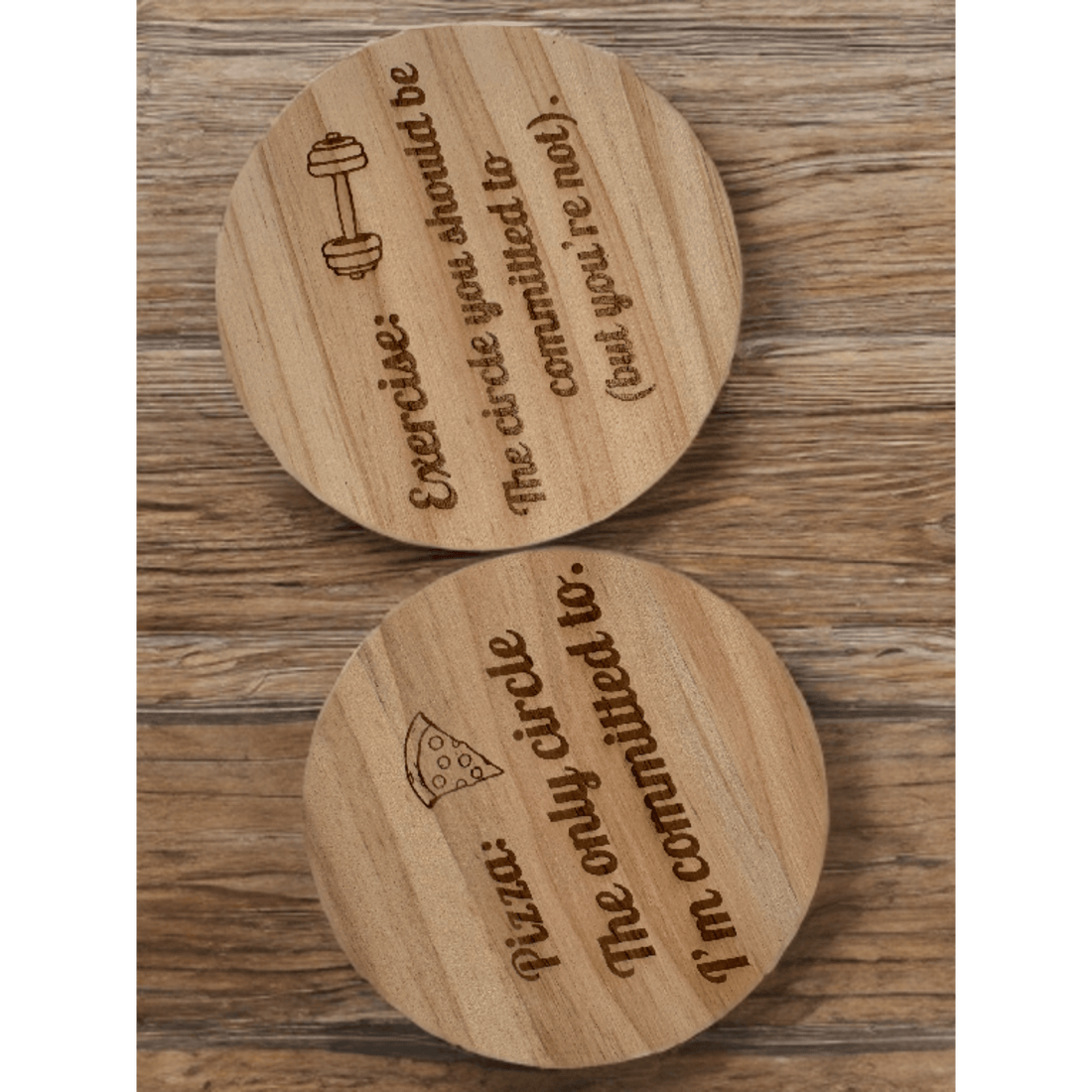 Two round wooden coasters with engraved humorous text – personalised wooden coaster set – Etch 'N' Shine