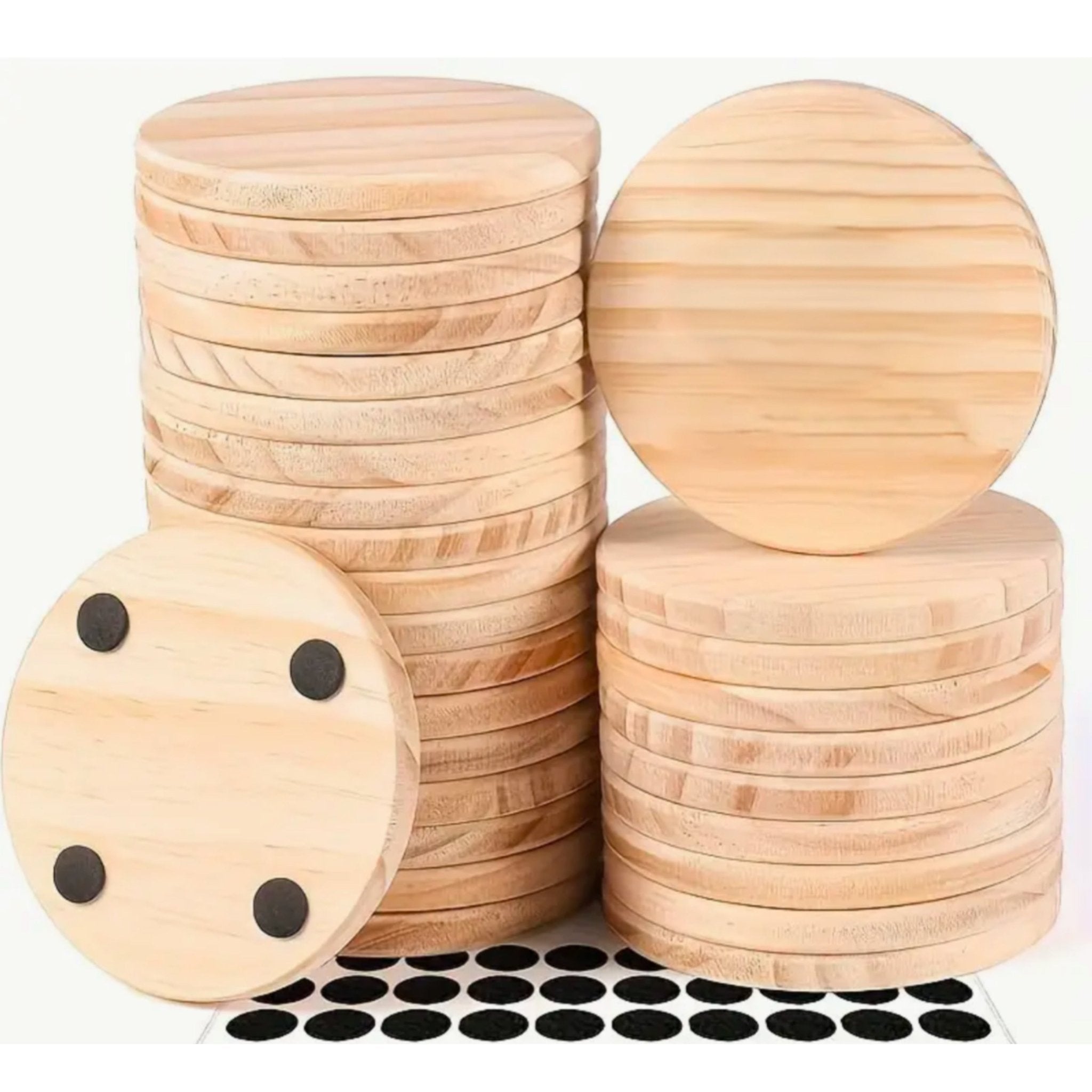 Stacked plain round wooden coasters with felt pads shown on reverse – personalised wooden coaster 2-pack – Etch 'N' Shine