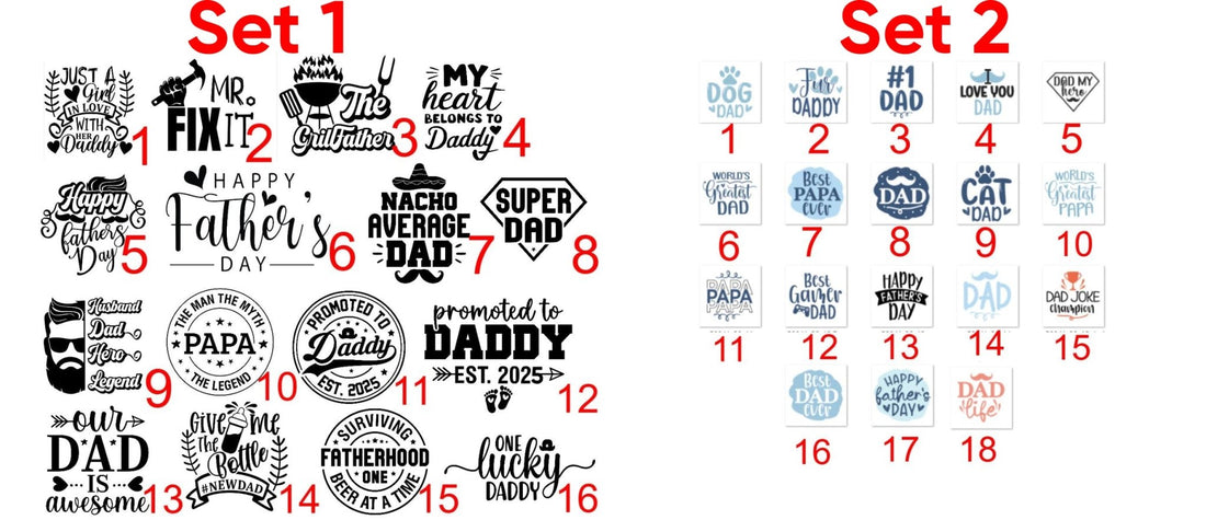 Two sets of Father's Day engraving design options for personalised round wooden coasters 2-pack – Etch 'N' Shine