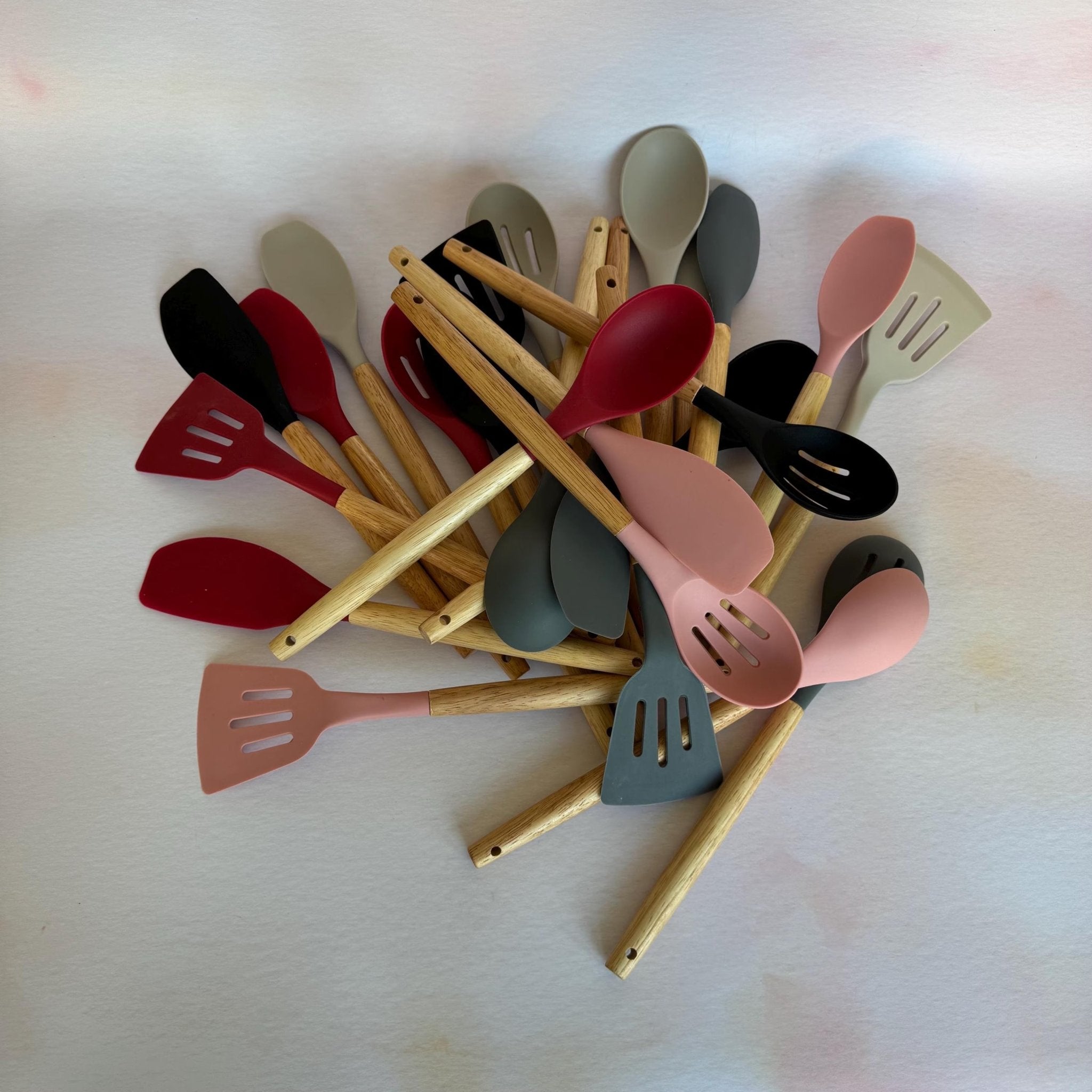 Colour variants of silicone utensil sets with wooden handles – personalised kitchen utensils – Etch 'N' Shine