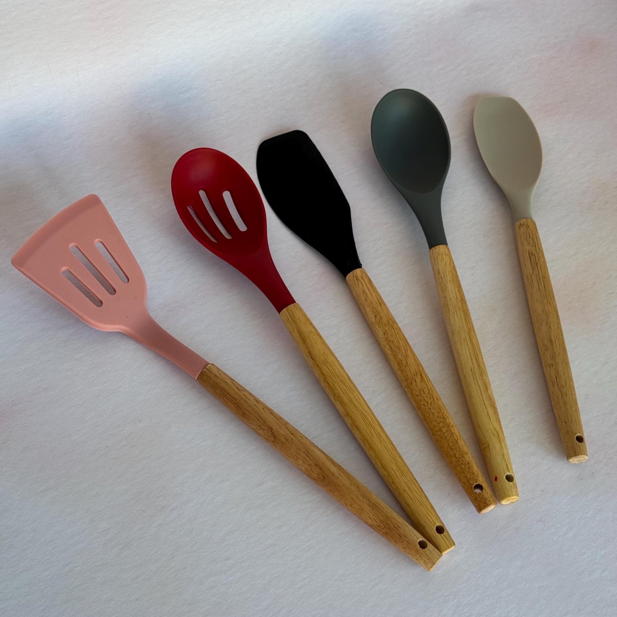 Five colour variants of silicone utensil set with wooden handles – personalised kitchen utensils – Etch 'N' Shine