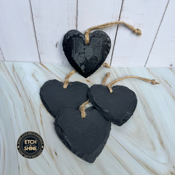 Slate heart with engraved photo and twine hanger – personalised slate heart ornament – Etch 'N' Shine